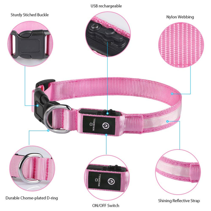 MASBRILL Dog Collar Luminous Rechargeable LED Light Collar Waterproof for Small Medium Large Dogs Adjustable Flashing Light Safety Collar with 3 Lighting Modes Pink - M M(38-50cm/15-19.7inch) Pink(TC5200) - BeesActive Australia
