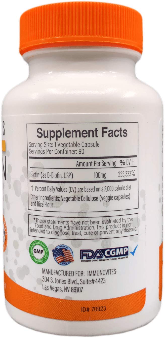 IMMUNOVITES High Dose Biotin (as d-Biotin, USP) 100mg (Equivalent to 100,000mcg) 90 Capsules, High Potency 1