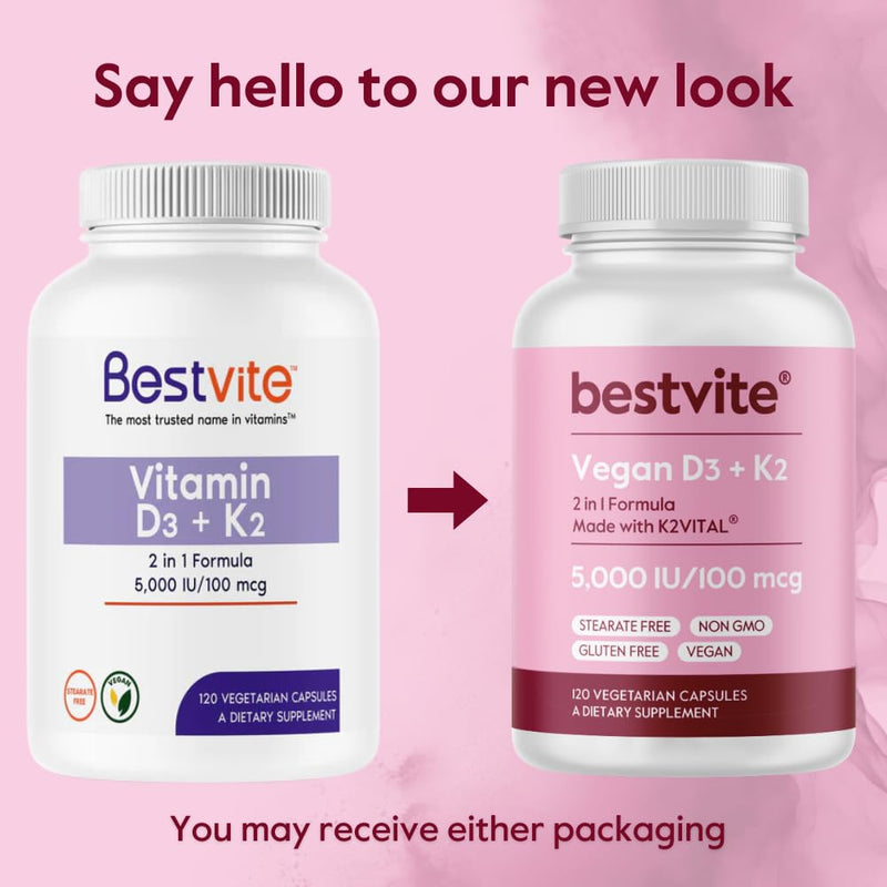 BESTVITE Vegan Vitamin D3 5000IU + Vitamin K2 100mcg as MK-7 (120 Veg Caps) | No Stearates - Vegan - Non GMO - Gluten Free - Vitamin D3 Supplement - Heart Health & Immune Support* - Easy to Swallow Caps 120 Count (Pack of 1)