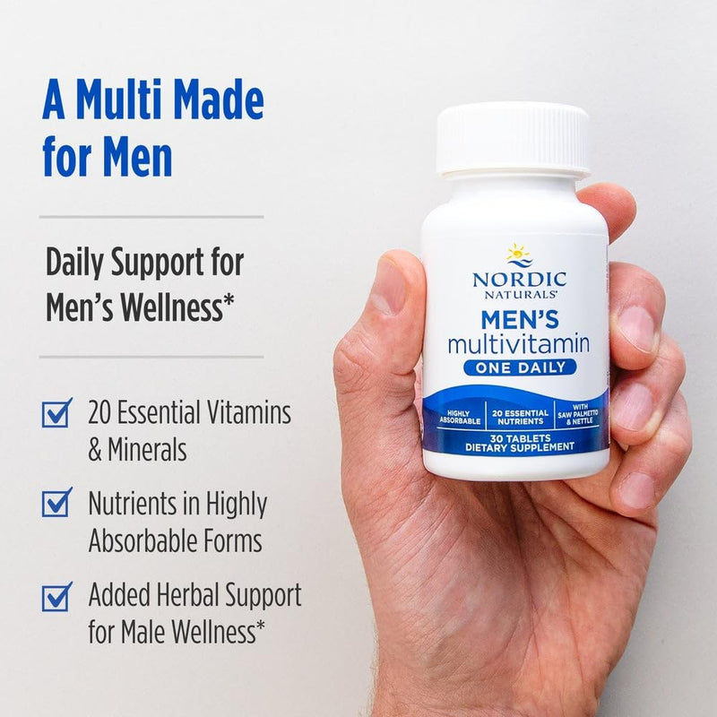 Nordic Naturals Men's Multivitamin One Daily - 30 Tablets, 1 Month Supply | 20 Essential Nutrients for Bone, Energy & Blood-Vessel Support. Immunity Supplement. 1 Tablet Daily. 30 Servings. 1 Count (Pack of 30)