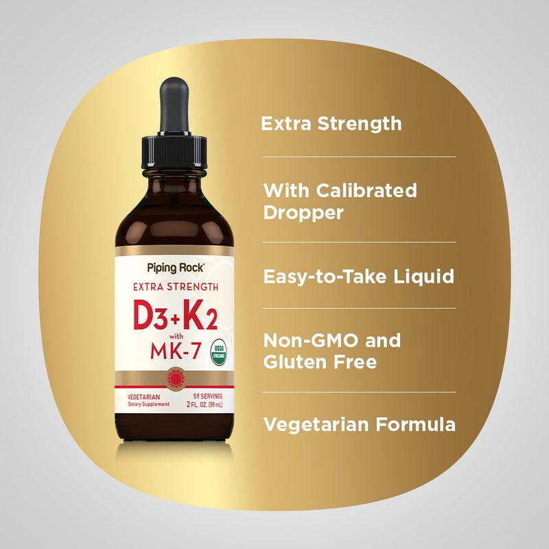 Piping Rock Vitamin D3 K2 Liquid Drops | 2 Fl Oz | with MK-7 | Extra Strength Supplement | Vegetarian, Gluten Free, Non-GMO