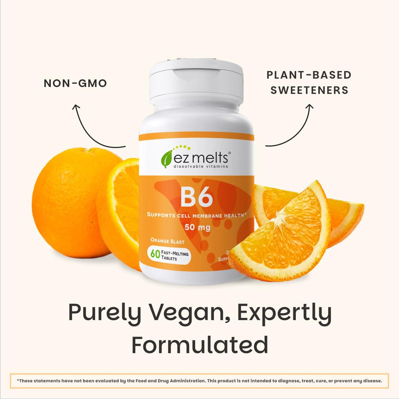 EZ Melts Vitamin B6 - Brain & Heart Health Supplement - Energy Metabolism Support - No Artificial Flavors - Non-GMO & Vegan - Orange Blast - 60 Dissolvable Tablets (30 Servings) 60 Count (Pack of 1)