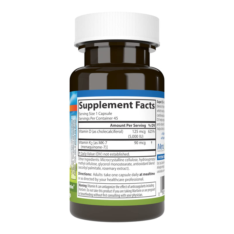 Carlson Super D3 + K2, 125 mcg (5000 IU), 45 Vegetarian Capsules | Vitamin D3; 90 mcg Vitamin K2 as MK-7; Bone Support; Calcium Absorption 45 Count (Pack of 1)