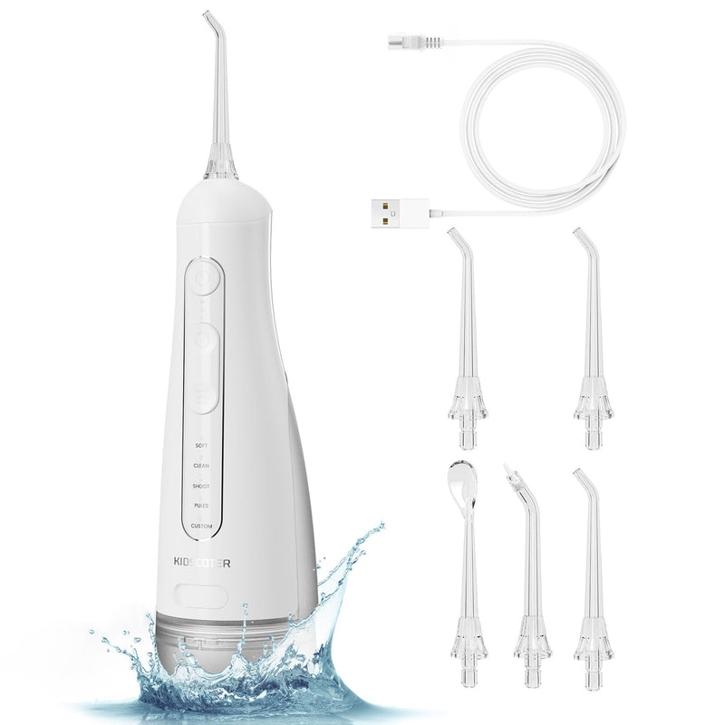 Water Flosser for Teeth with Detachable Washable Tank, 5 Modes Rechargeable Cordless Oral Irrigator, 300ml Portable Dental Flosser, IPX7 Waterproof for Home & Travel, White White 300ml