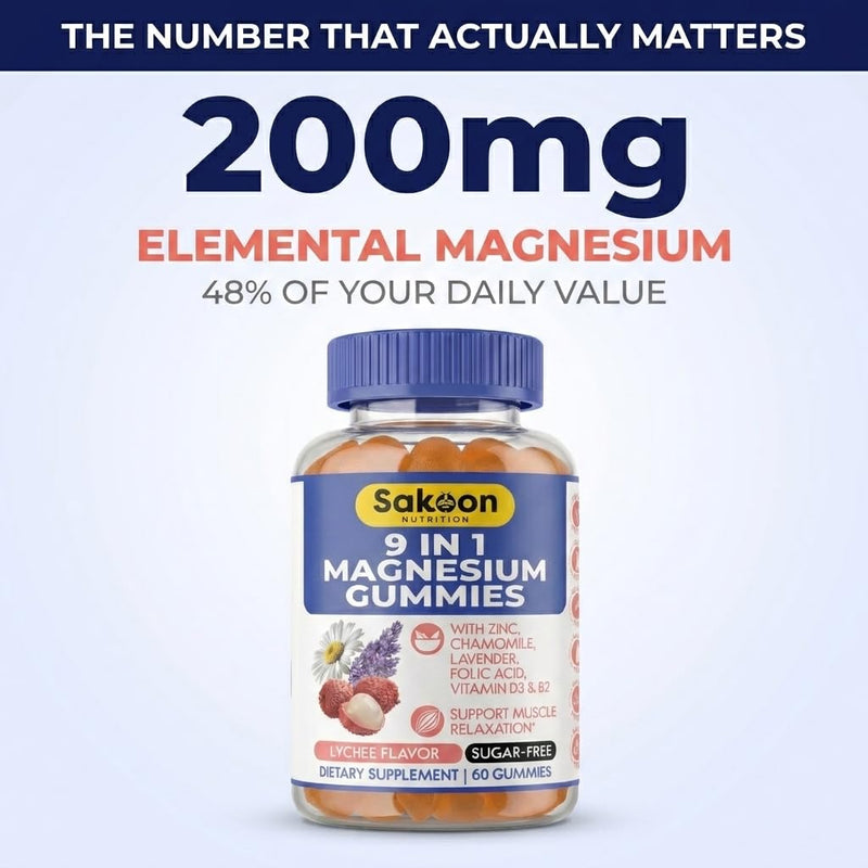 Sakoon Nutritions 9-in-1 Magnesium Glycinate Gummies 200mg | Sugar Free Magnesium Gummies for Women & Men with Zinc & Vitamin D3 | Lychee Flavor | Muscle & Stress Relief | Halal, Vegan | 60pcs