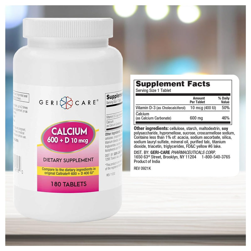 GeriCare Calcium 600mg - Vitamin D 10mcg Tablets - Bone Health - Nutritional Supplement, 180 Count (Pack of 1) 180 Count (Pack of 1)