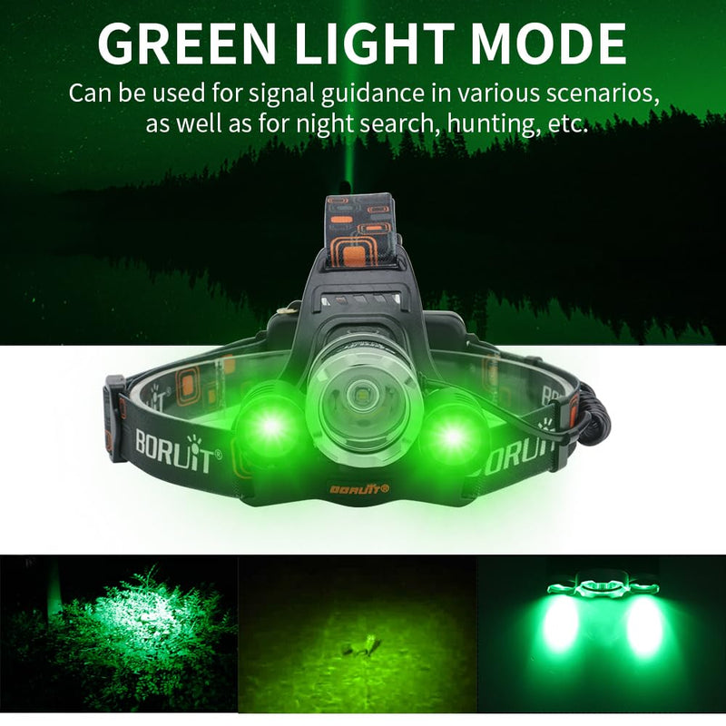 BORUIT RJ-3000 LED Rechargeable Headlamp with Green Light, Super Bright Hunting Head Lamp 3 Modes, Waterproof Head Light for Adult Fishing Camping Headlight Gear