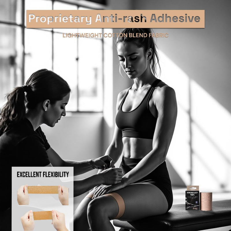 JLB Kinesiology Tape ‚Äì 2 Rolls (16ft Each) ‚Äì Strong Adhesion, Waterproof & Sweatproof ‚Äì Latex-Free Sports Tape for Pain Relief, Muscle Support & Recovery ‚Äì Physical Therapy & Athletic Tape (Beige) Beige