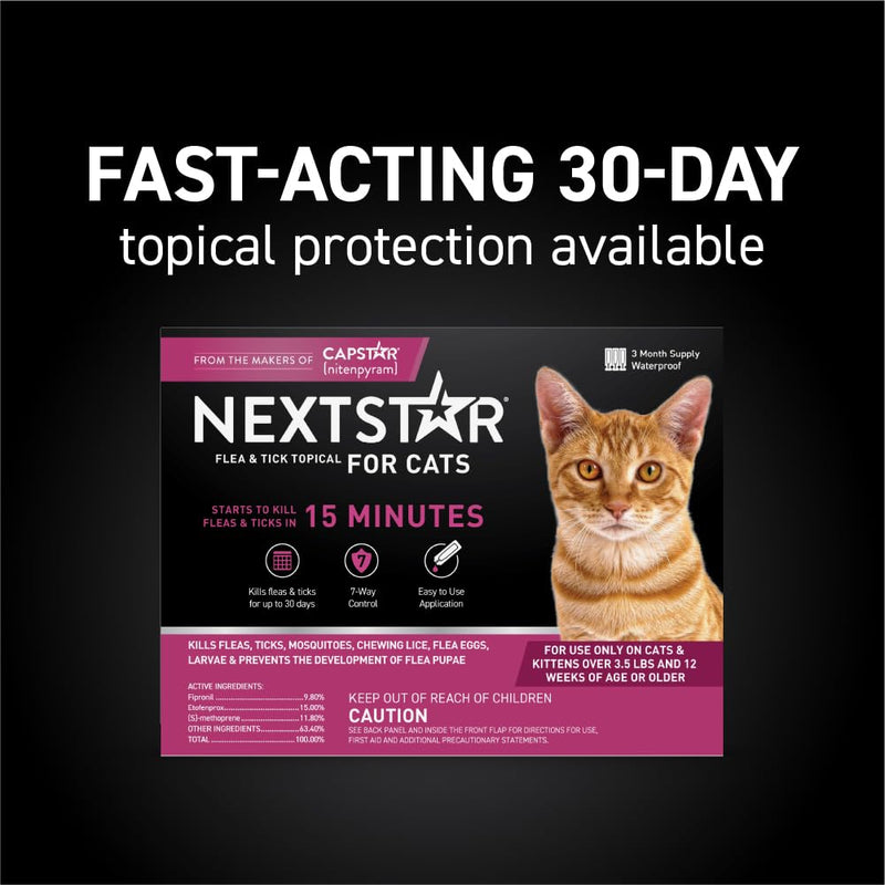 NEXTSTAR Flea and Tick Prevention for Cats, Repellent, and Control, Fast Acting Waterproof Topical Drops for Cats Over 3.5 lbs, 3+1 Month Bundle