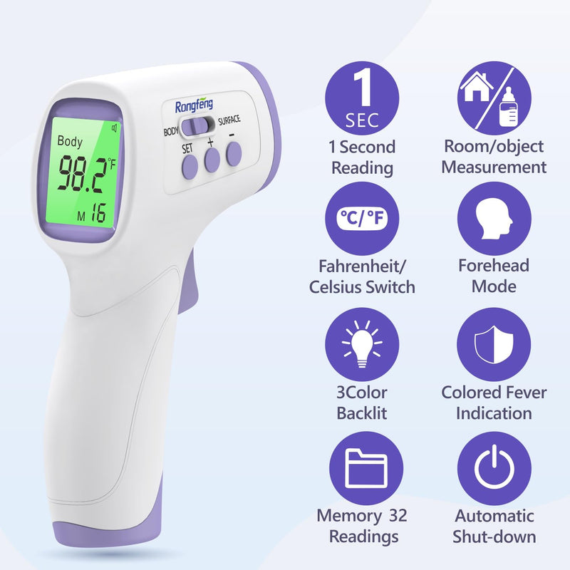 No-Touch Forehead Thermometer for Adults and Kids, Digital Thermometer with Fever Alarm, 3 Backlit and 32 Memories Fast Accurate Results, Easy for All Ages, Basal Thermometer Purple