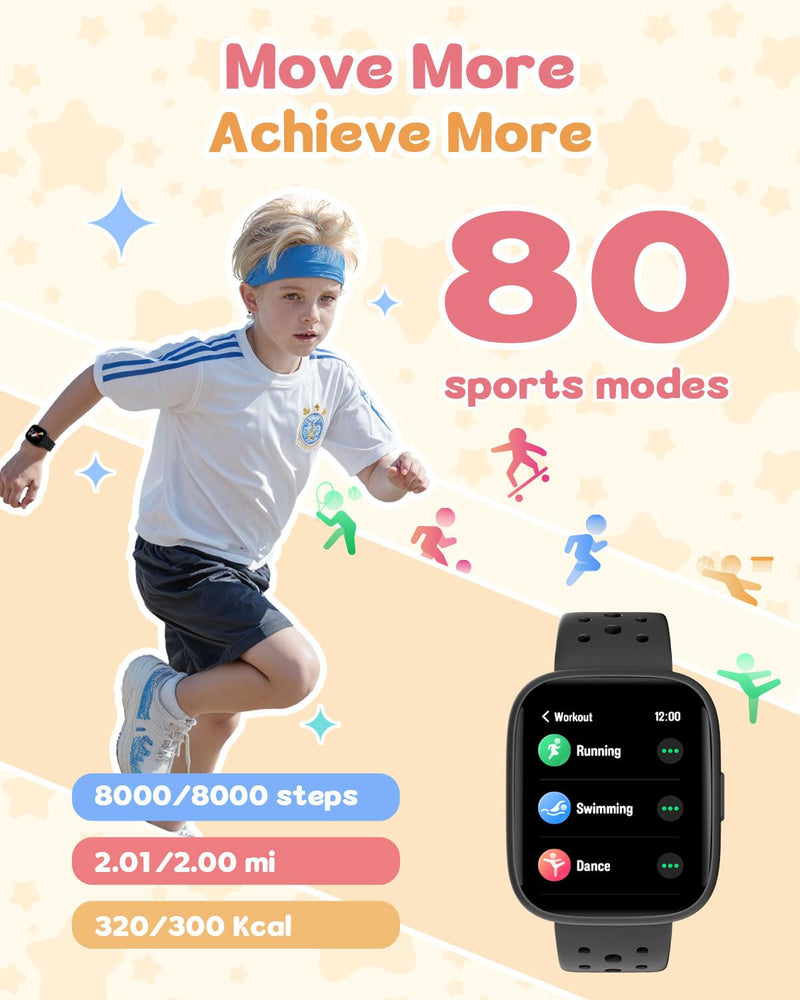 Kids Watch for Boys 5-12, Kids Smart Watch Fitness Tracker Pedometer, No Phone Needed, Puzzle Games with Parental Control, IP68 Waterproof, Heart Rate, Sleep Monitor, Step Counter, 80 Sports Black