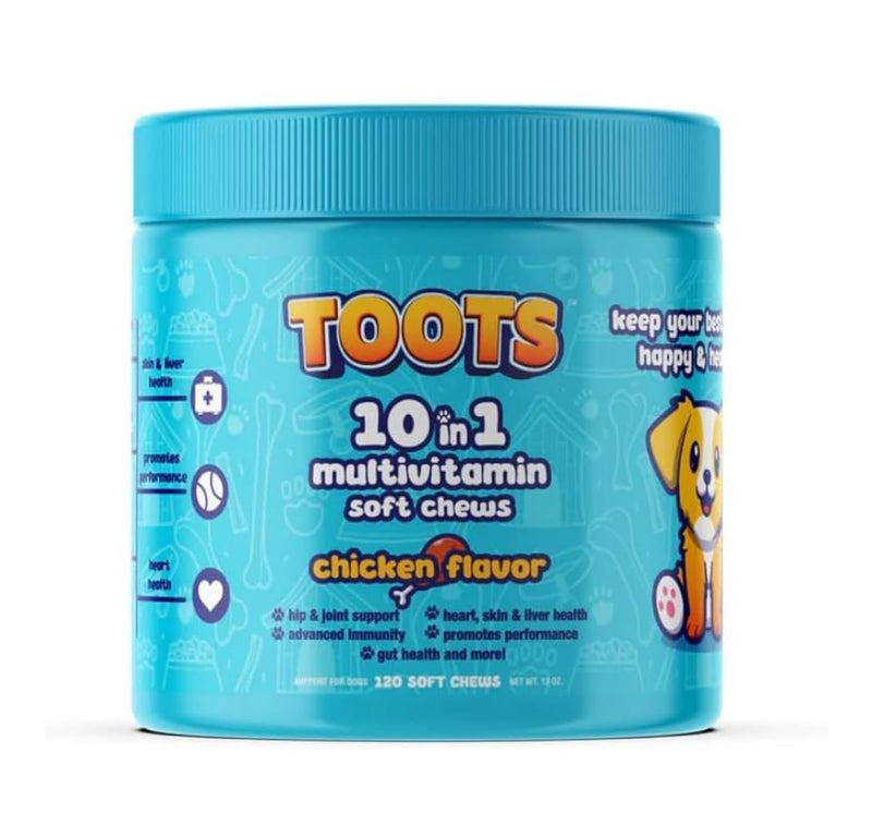 Toots 10-in-1 Multivitamin for Dogs -120ct Chicken Flavor Soft Chews for Hip and Joint, Skin and Coat, and Immune Support - Organic, Gluten-Free Dog Vitamins for All Breeds and Ages