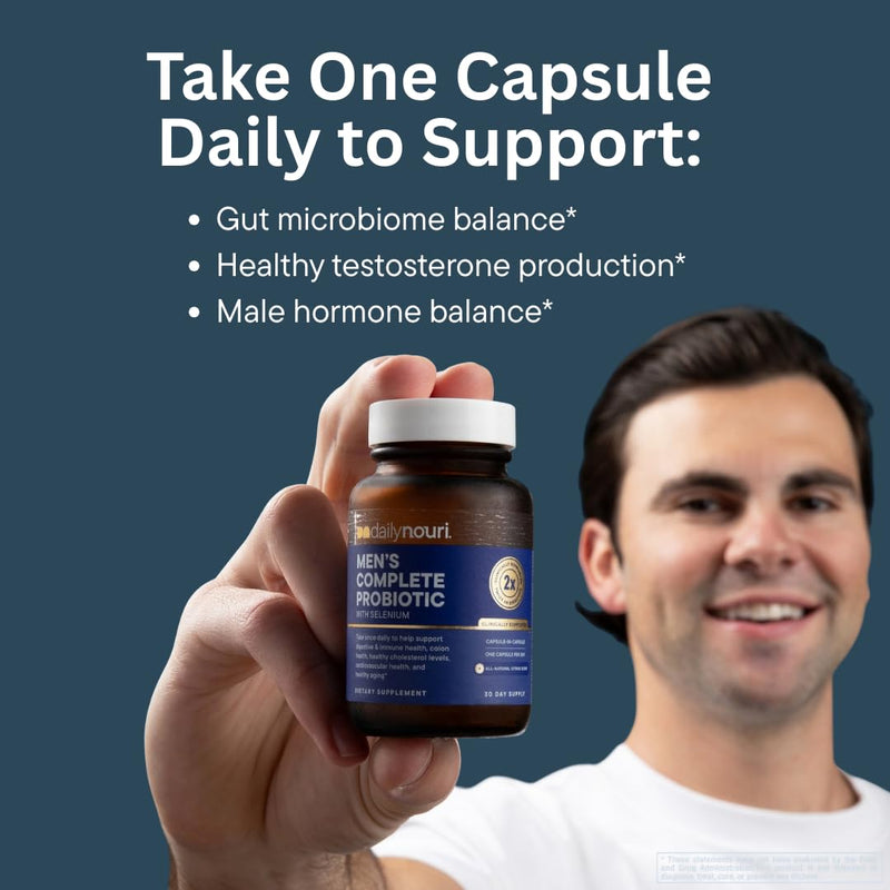 Daily Nouri Probiotics for Men | Men's Vitality, Gut Microbiome & Colon Health Support | 5 Clinically Studied Strains + Selenium & Vegan Omega | 30-Day Supply (Pack of 2) 30 Count (Pack of 2)