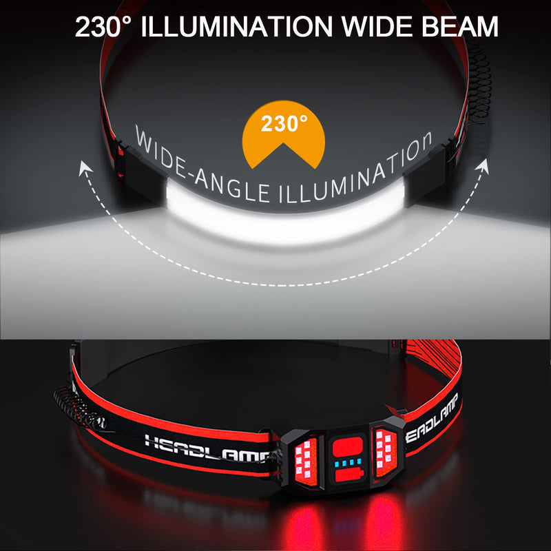 Swanlake LED Rechargeable Head Lamp 230° Illumination Wide Beam Hard Hat Headlamp Flashlight & 8 Clips, high Lumen 3 Modes Lightweight Head Light for Running, Cycling, Camping (2Pack) 2Pack