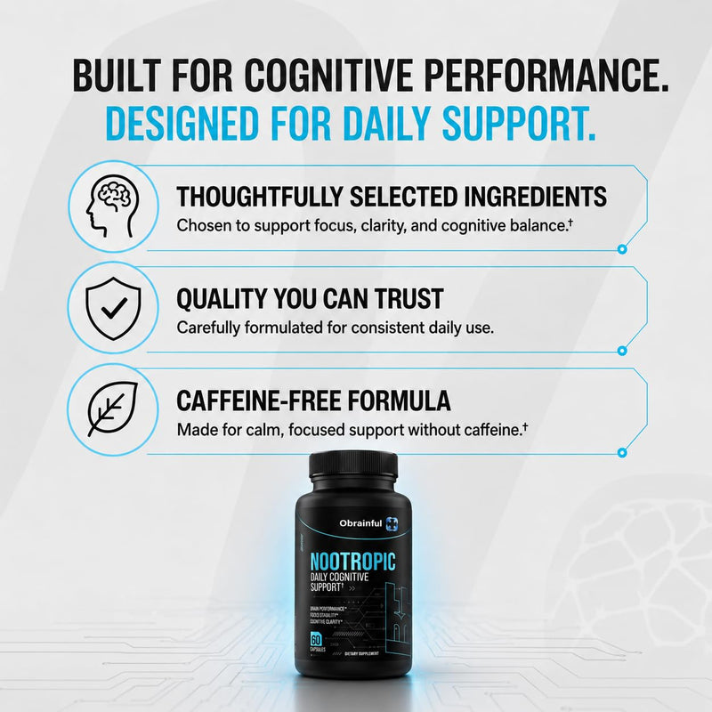 Nootropic Brain Support Supplement | Caffeine-Free Focus & Memory Formula with BCAAs, Bacopa & L-Theanine | Daily Cognitive Wellness & Mental Clarity for Adults | 60 Capsules