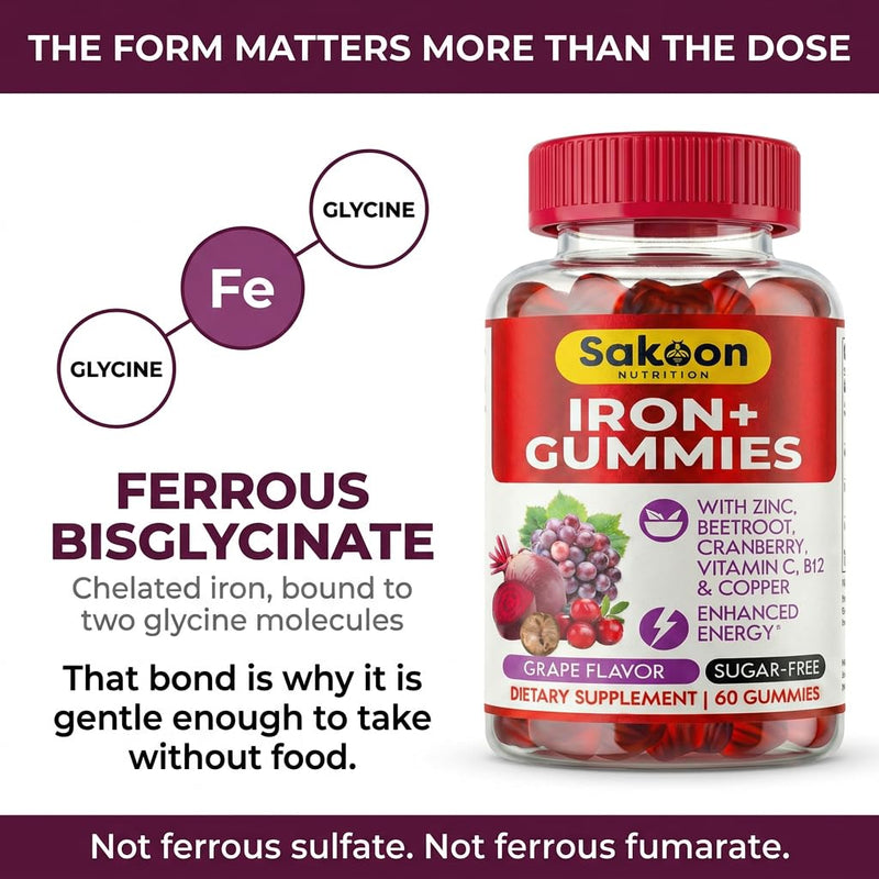 Sakoon Nutrition Iron Gummies for Women & Men | 60 Count Sugar Free Grape Flavour Vegan Iron Gummies with Vitamin C, B12 & Zinc | Support for Bones Strength, Energy & Blood Health | 2Count Per Serving