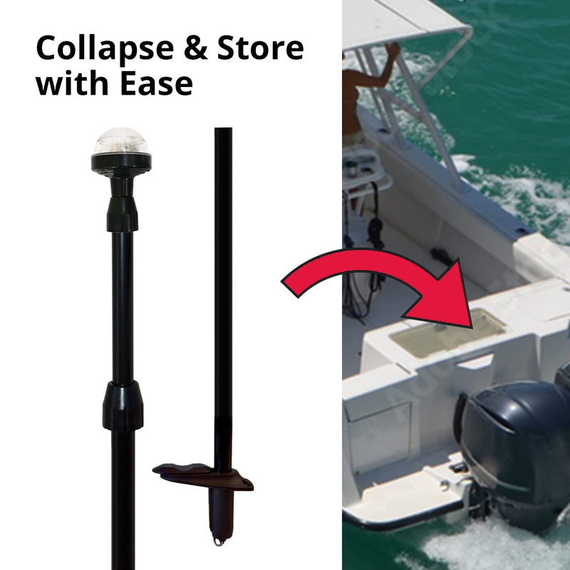 SeaSense Telescoping All-Round Stern Light - - 2 Nautical Mile Range - Adjustable, Stowable Chrome Light for Boats, Kayaks, Canoes & Pontoons up to 39 Feet - Meets USCG Requirements black w/ black nylon base (26" TO 48") - BeesActive Australia