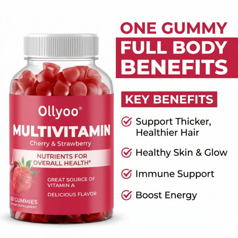 Adult Multivitamin Gummies for Men and Women — Hair, Skin, Nail & Immune Support, Daily Energy Boost — Low Sugar — Cherry & Strawberry Flavor — 60 Count (30-Day Supply)