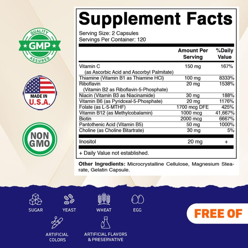 Vitamatic Methylated B-Complex Vitamins – 240 Capsules | Includes Methyl B12, L-5-MTHF Folate, Choline, Inositol, B1, B2, B3, B5, B6, Biotin | 10 in 1 B Complex Supplement | Made in USA