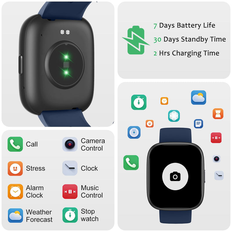 Smart Watch (Answer/Make Call) for iPhone&Android, 1.83" Smartwatches with Sleep Monitor Heart Rate Activity Tracking, IP68 Waterproof, Fitness Tracker 100+Sport, Reloj Inteligente 30 Day+Battery Life Blue - BeesActive Australia