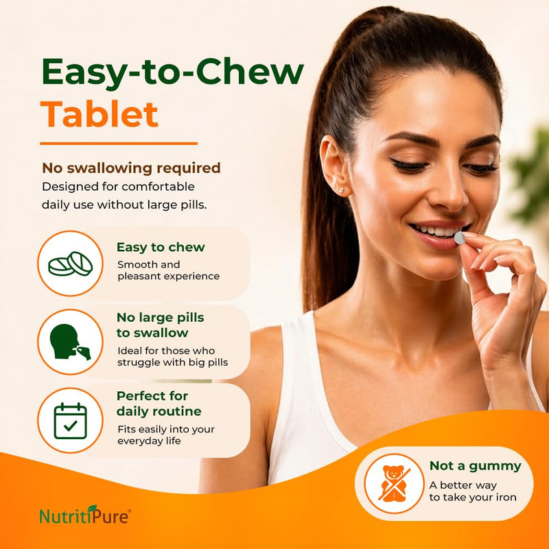 Chewable Iron 65 mg with Vitamin C, Sugar-Free – NutritiPure, 2-Pack 120ct | Bariatric-Friendly, 65mg Ferronyl Carbonyl Iron, 270mg Vitamin C, Orange Flavor, Non-GMO, GMP Certified, 120-Day Supply