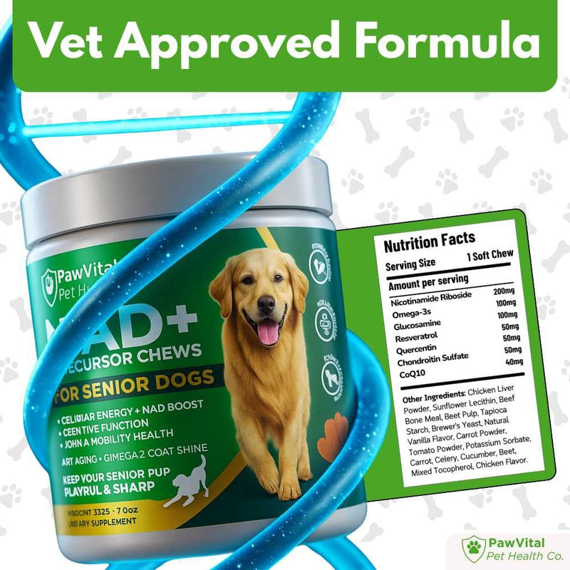NAD+ Precursor Chews for Senior Dogs – Cellular Energy, Longevity & Cognitive Support – Nicotinamide Riboside, Resveratrol, Quercetin, Glucosamine, Omega-3 – Made with Real Chicken – 90 Count