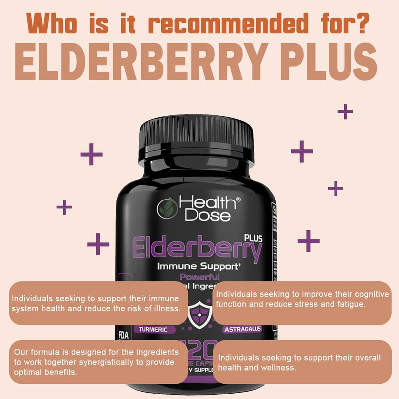 Health Dose Elderberry Plus Capsules – Immune Support Supplement with Vitamins C, D3, Zinc, Selenium & 11 Ingredients for Year-Round Wellness – 120 Veggie Capsules, 2-Month Supply 1