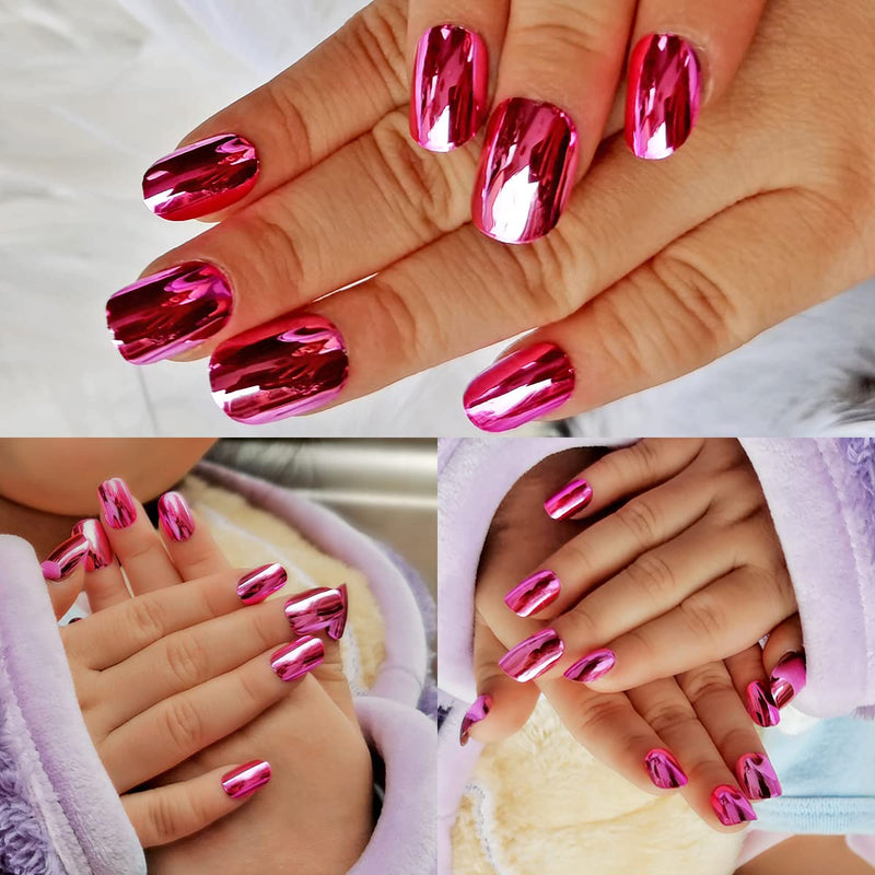 24 Pieces Mirror Chrome Kids Press on Nails Pre-glue Children Mirror Effect False Nails Short Oval Full Cover Artificial Fake Nails Metallic Rose Red Acrylic Nail Tips for Little Girls Gift (Rose Red) - BeesActive Australia