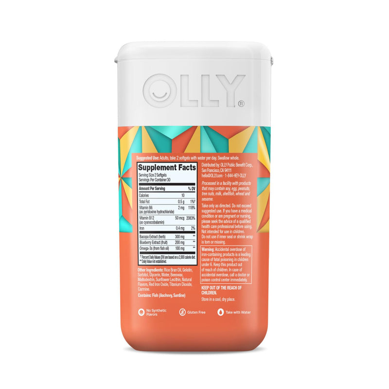 OLLY Ultra Strength Brain Softgels, Omega-3s, Vitamins B6 and B12-60 Count 60 Count (Pack of 1)