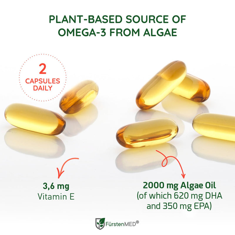 FürstenMED Algae Oil Vegan Omega 3 - Heart, Brain & Joint Health Support - 2000mg Algae Oil of which 700mg DHA & 320mg EPA + 3, 6mg Vitamin E per Daily Dose - Essential Fatty Acids 1 Count (Pack of 60)
