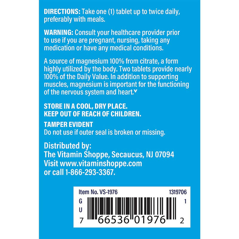 The Vitamin Shoppe Brand Magnesium Citrate 200 mg Tablets, 100 Tablets | Highly Absorbable Magnesium Mineral for Energy Production, Digestive Regularity & Muscle Support for Men & Women, Gluten Free 100 Count (Pack of 1)