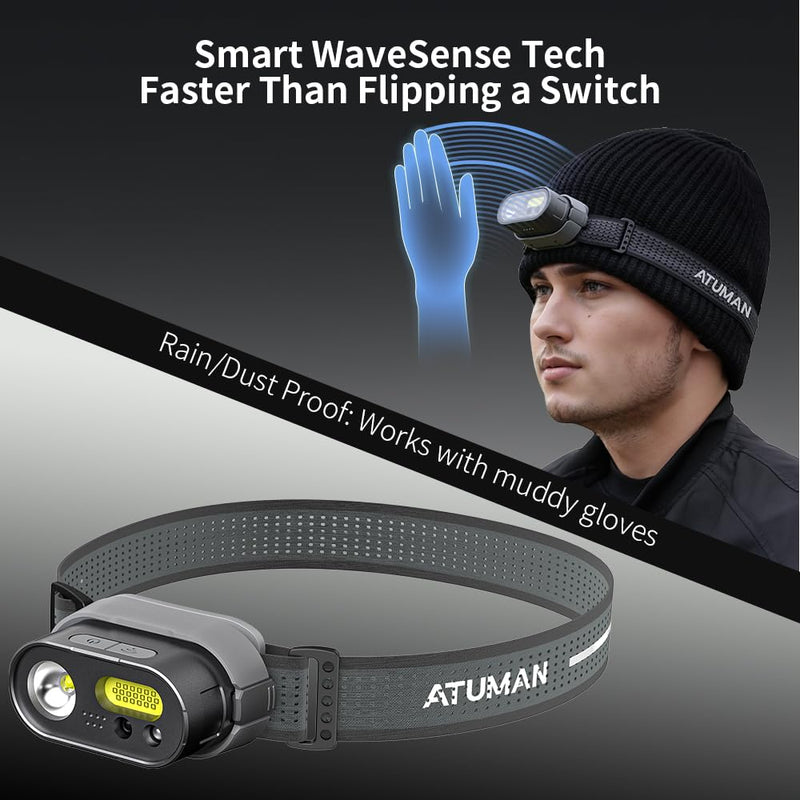ATuMan Camping Headlamp, Ultra-Light LED Rechargeable Headlight with White Red Light, Camping Accessories Gear, Motion Sensor Waterproof Head Lamp, 8 Modes for Outdoor Running, Hiking, Fishing - BeesActive Australia