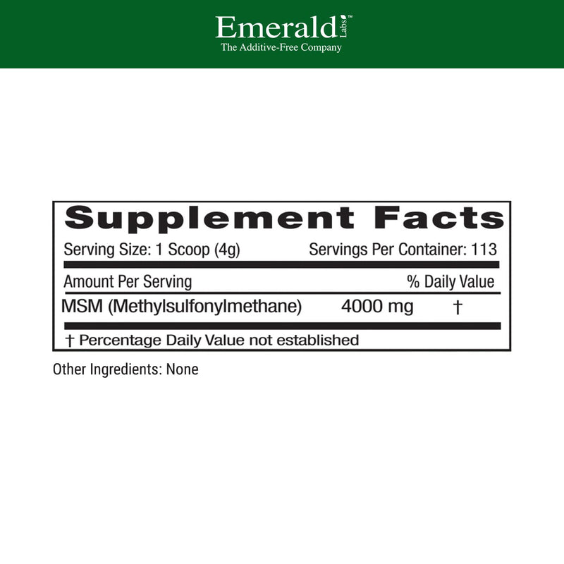 Emerald Labs MSM Powder - Plant-Sourced Methylsulfonylmethane Supplement for Liver Detox, Joint Health, Skin Health & More - Vegan, Gluten-Free - 16 oz 1 Pound (Pack of 1) - BeesActive Australia