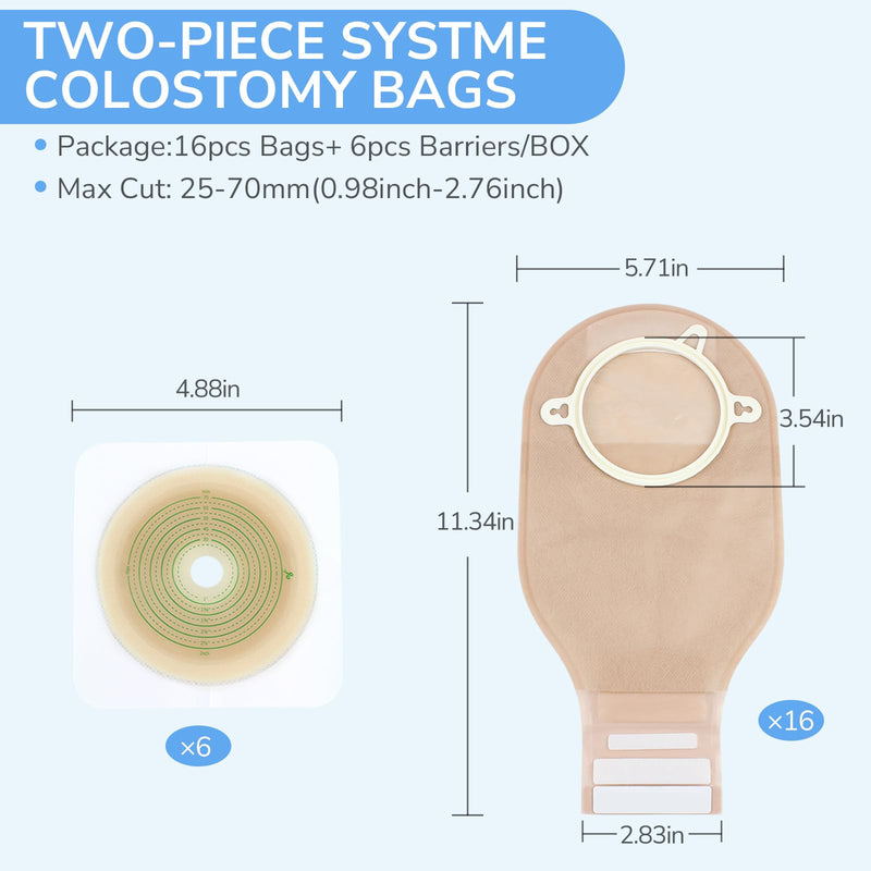22pcs Ostomy Supplies Colostomy Bags, 2-Piece Colostomy Bags, Two-Piece Drainable Pouches with Closure for Ileostomy Stoma Care, Cut-to-Fit, 70mm Max (16 x Ostomy Bags+ 6 x Skin BarrierÔºâ 16+6pcs Two Piece Closure
