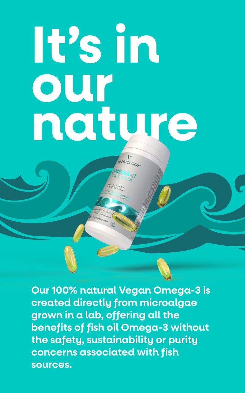 VEGETOLOGY Vegan Omega 3 Supplement (60 Capsules) – Omega-3, EPA, Vitamin D3 & DHA Supplements - Algae Omega 3 Vegan Supplements for Brain, Eye, & Heart Health – Omega 3 for Kids & Adults 60 Count (Pack of 1)
