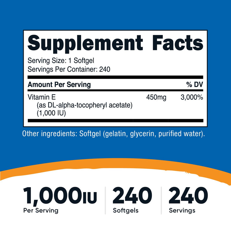 Nutricost Vitamin E 1,000 IU (450mg) 240 Softgels - GMO-Free, Gluten-Free