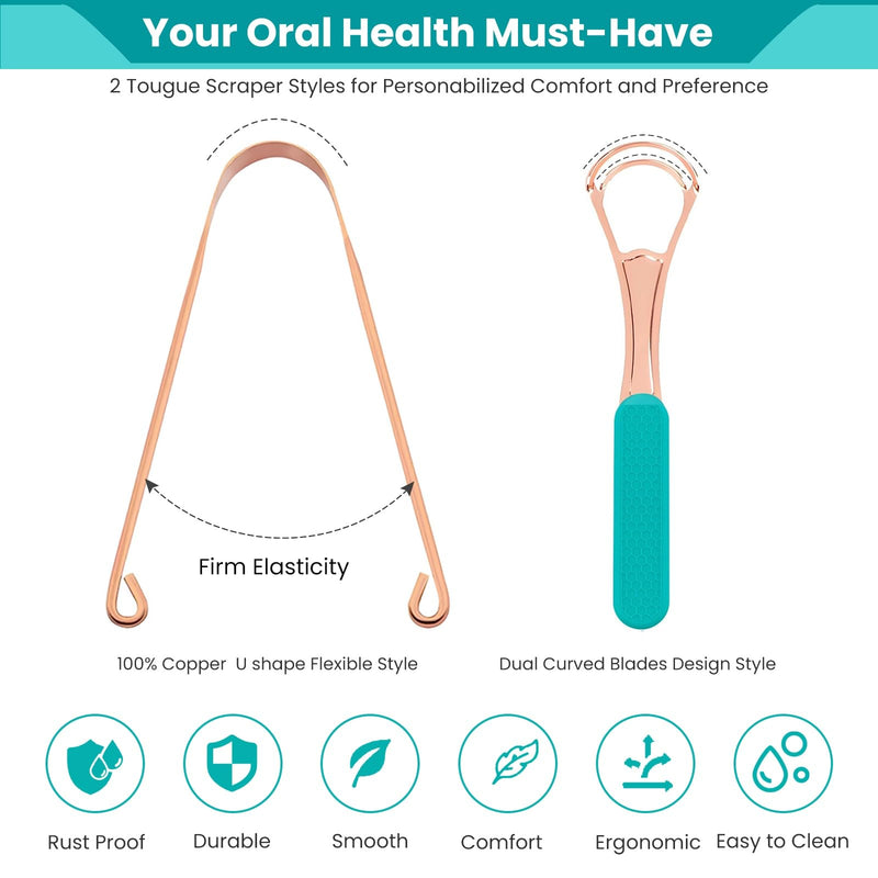 2Pcs Copper Tongue Scraper, Tongue Cleaner Set for Adults Kids, Stainless steel Wide Double Blades Oral Tongue Brush Cleaning Scrapping Sweeper for Fresh Breath and Mouth Hygiene Care with Travel Bag - BeesActive Australia