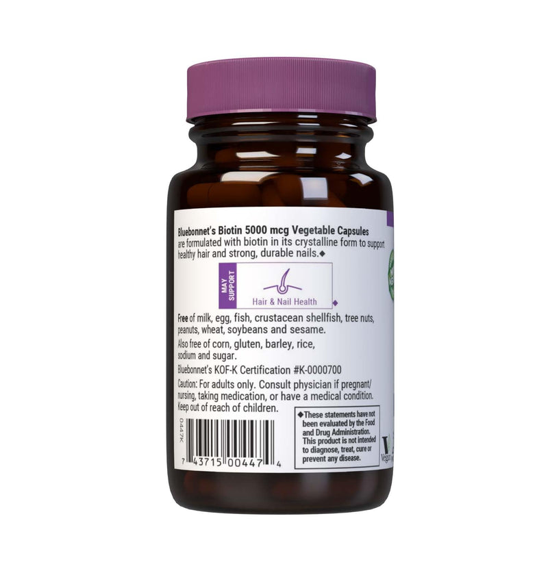 Bluebonnet Nutrition Biotin 5000 mcg, Hair & Nail Support*, Non-GMO, Vegan, Kosher Certified, Gluten-Free, Soy-Free, Dairy-Free, 60 Vegetable Capsules, 60 Servings | Third-party tested for purity and potency; manufactured in the USA Unflavored