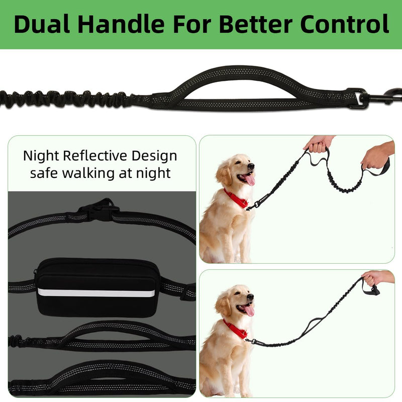 Philorn Hands Free Dog Leash with Pouch, Adjustable Waist Leash for Dog Walking, Running Leashes for Medium Large Dogs, Waist Dog Leashes with Dual Handles and Durable Bungee for Jogging Hiking Black for 1