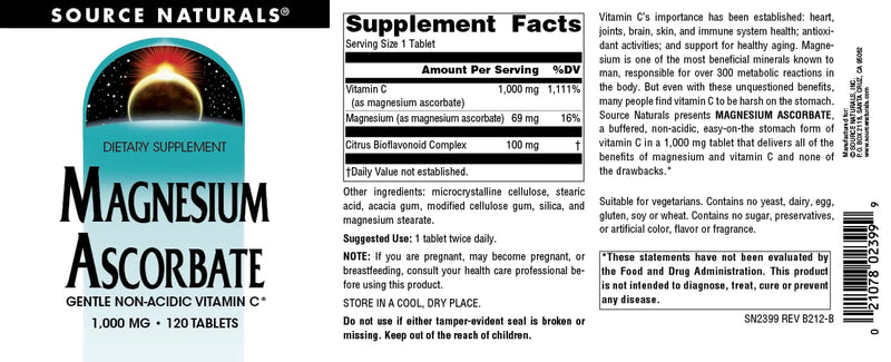 Source Naturals, Magnesium Ascorbate - 1000 mg, 120 Tablets | Gentle Non-Acidic Vitamin C* 120 Count (Pack of 1)