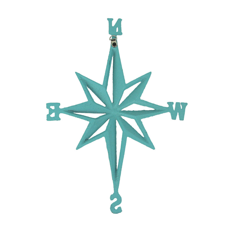 Turquoise Blue Cast Iron Compass Rose Wall Hanging Sculpture - Coastal Home Decor Art Piece - 13.5 Inches High Nautical Elegance for Indoor or Outdoor Spaces Turquoise