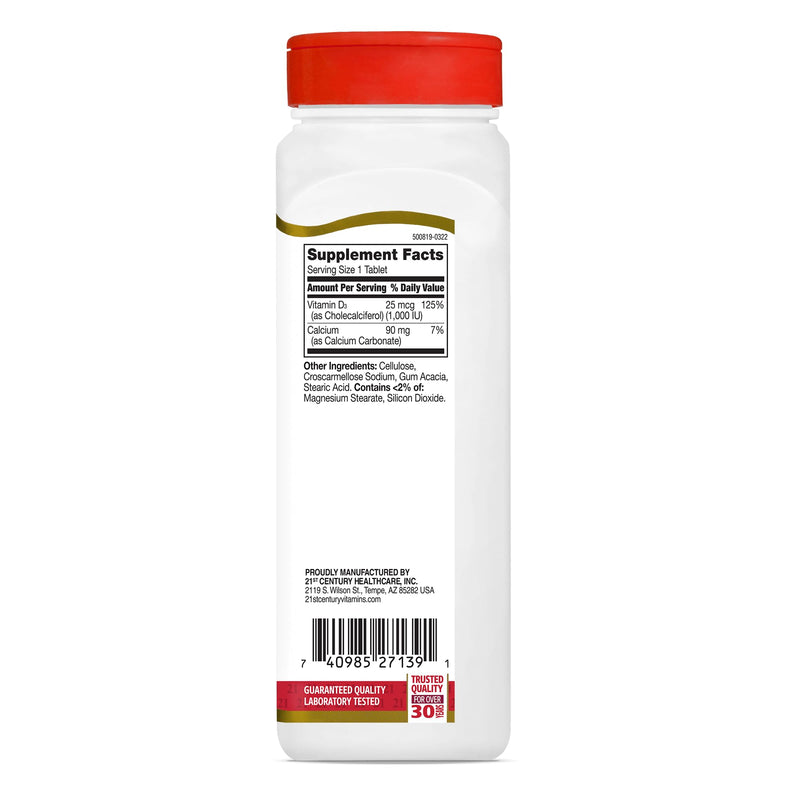 21st Century Vitamin D3 1000 IU Tablets, Bone & Immune, 500 Count | Vitamin D3 1000 IU Tablets, Bone Health & Immune System Support & Calcium Absorption, Gluten Free, Value 500-count Bottle