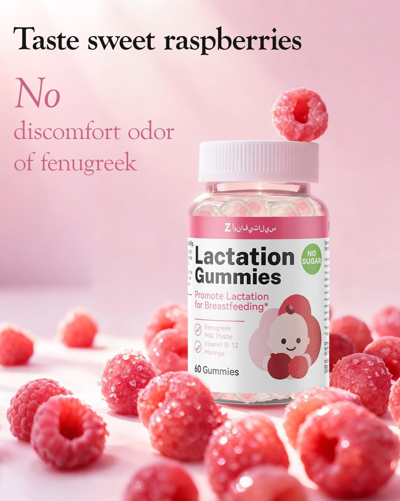 Lactation Support Gummies – Herbal Blend with Fenugreek, Moringa & Fennel – Postnatal Vegan Vitamins B12 & D3 – Natural Breast Milk Booster for Nursing Moms – Raspberry Flavor, 60 Gummies