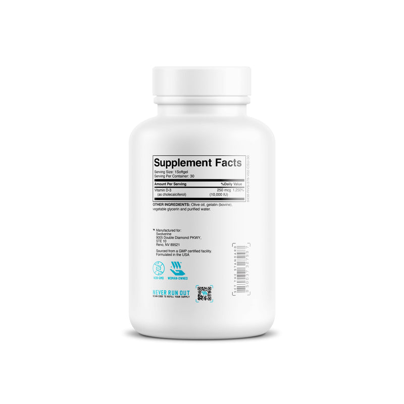 Swolverine Vitamin D3 | Healthy Muscle Function, Bone Health, Immune Support, Mood Support, 10000 IU Encapsulated in Olive Oil for Optimal Absorption (30 Soft Gels) 30 Count (Pack of 1)