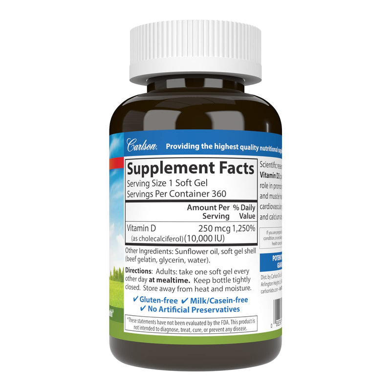 Carlson Vitamin D3 10000 IU (250 mcg), Bone Health, 360 Softgels | Muscle Health; Cholecalciferol; Vitamin D Supplements; Vitamin D3 Soft Gels 360 Count (Pack of 1)