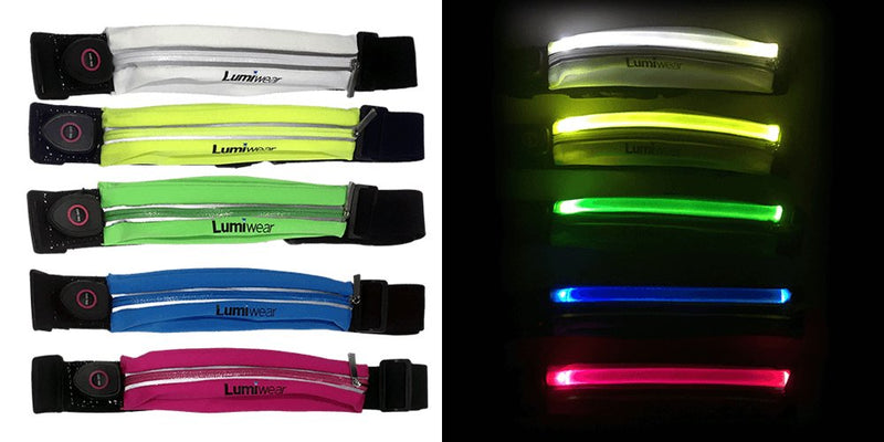 LED Reflective Running Belt with USB Rechargeable - Key, iPhone X 6 7 8 Plus Cell Phone Holder for Sports - Waist Fanny Pack for High Visibility During Walking and Cycling (White)