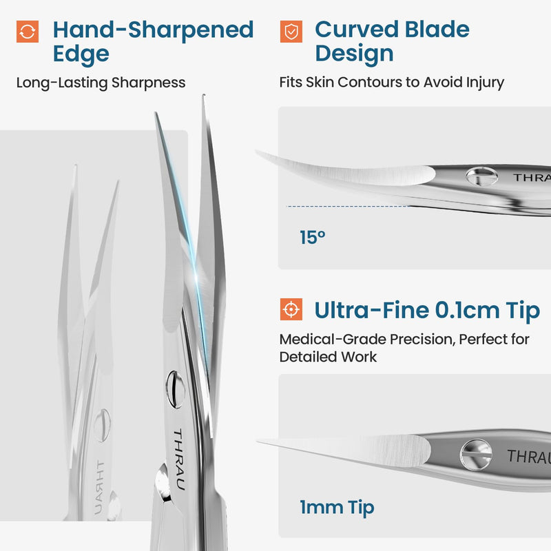THRAU Right-Handed Cuticle Scissors – Surgical Grade Stainless Steel with Sharp Curved Tip for Cuticles, Nails, Eyebrows, Eyelashes, Nose Hair & Beard – Ideal for Manicure & Precise Grooming Right Handed - BeesActive Australia