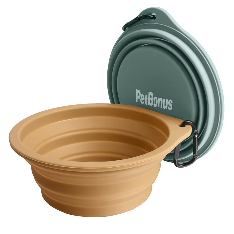 PetBonus 2-Pack Silicone Collapsible Dog Bowls, BPA Free Dishwasher Safe, Portable Foldable Expandable Travel Bowl, Food Water Feeding Cup Dish for Dogs Cats with 2 Carabiners (Turquoise, Tan) 20 Oz Turquoise, Tan - BeesActive Australia