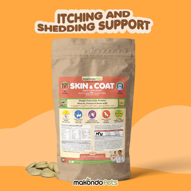 Skin and Coat Supplement with Fish Oil and Omega 3 for Dogs and Cats - Dog Itch Relief Pet Supplement for Shedding, Dry Itchy Skin and Allergies - Dog Allergy Treatment Vitamins (90 Tabs) Pouch (90 Tabs)