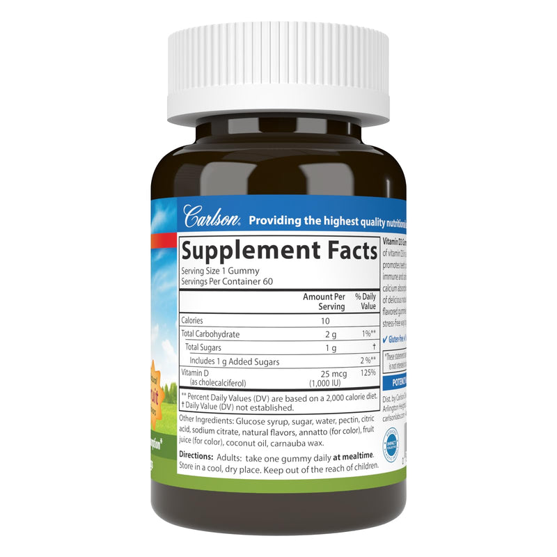 Carlson Vitamin D3 Gummies, 1000 IU (25 mcg), 60 Vegetarian Gummies | Mixed Fruit; Bone Health; Calcium Absorption; Non-GMO 60 Count (Pack of 1)